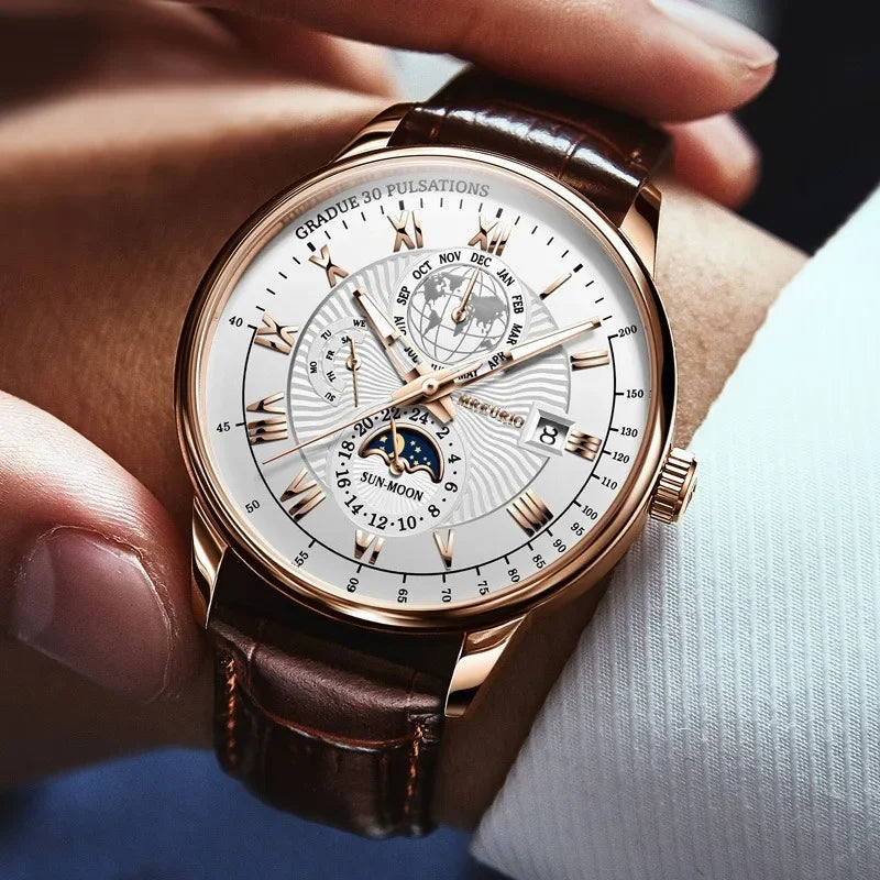 Luxury Brand Watch for Men Trendy High End Light Versatile Quartz Watch Leather Strap Fake Three Eye Fashion Business Wristwatch
