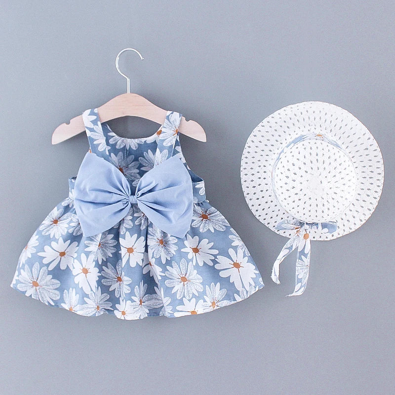 Baby Girl Dress Summer Bow And Full Print Daisy Pattern Suspender Beach Baby Dresses Cute Casual Baby Girl Clothes With Hat ﻿