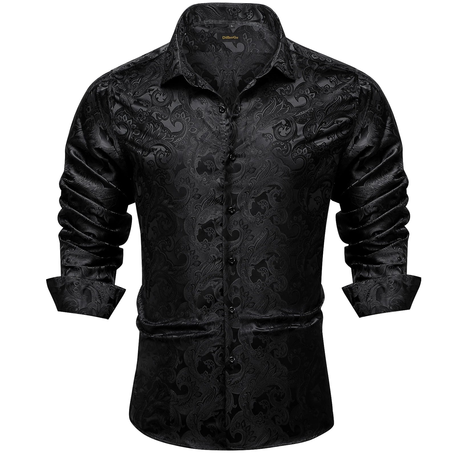 Luxury Men Dress Shirt Formal Prom Tuxedo Long Sleeve Polyester Golden Color Paisley Black Shirts Blouse Men Clothing