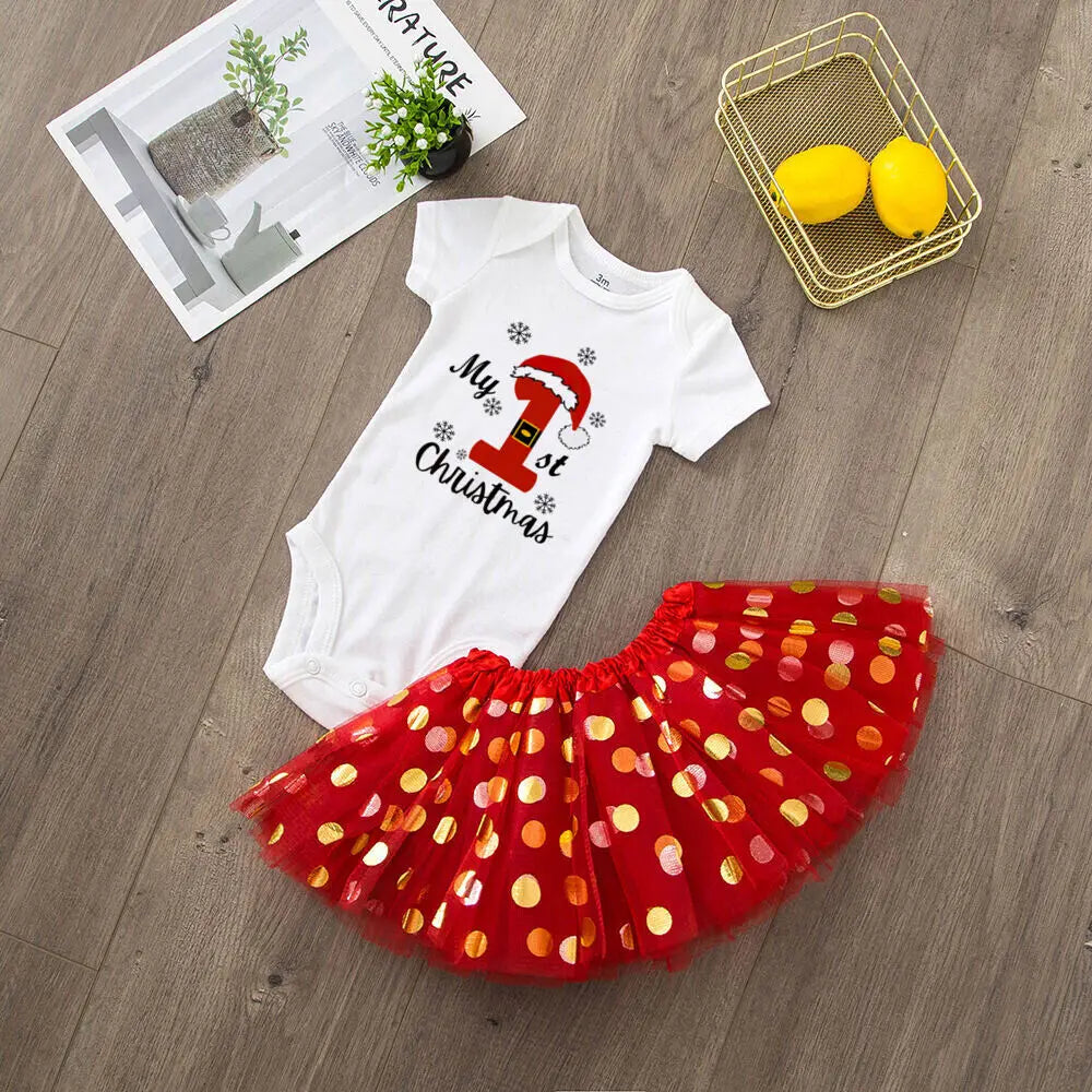 My 1st Christmas Print Baby Girls Cake Smash Dresses Outfits Newborn Xmas Party Tutu + Bodysuit Dress Set Infant Baptism Clothes
