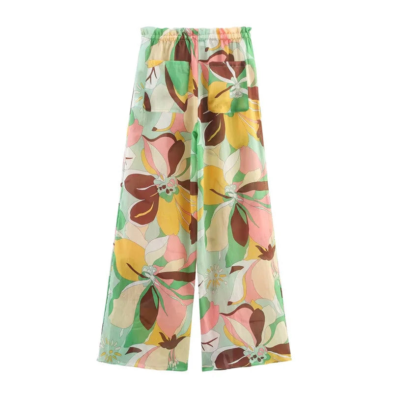 Women 2 Pieces Sets 2025 New Fashion Floral Printed Shirt Top Elastic Waist Long Pants Set Women's Suit Casual Woman Outfit