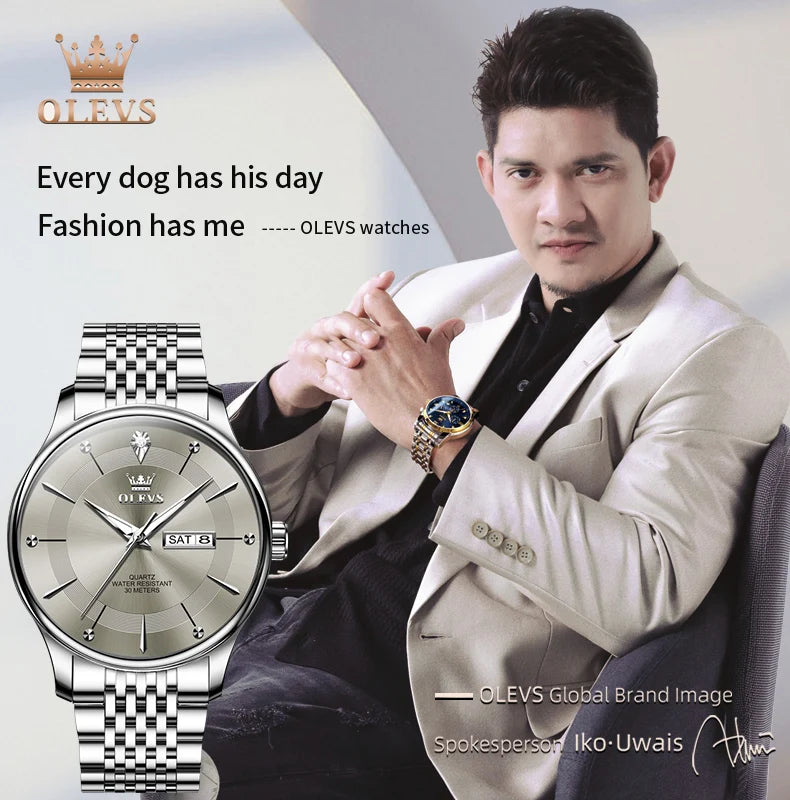 OLEVS Men's Watches Business Simply Original Quartz Watch for Man Waterproof Stainless Steel Luminous Hands Date Week
