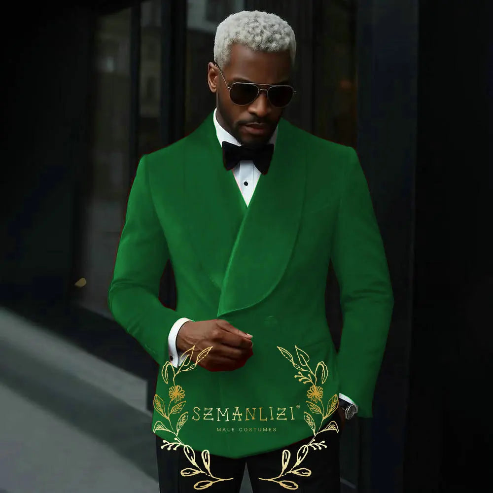 Luxury Grey Velvet Suits Men 2 Pieces Sets Double Breasted Groom Blazers Customized Man Banquet Wedding Tuxedos Male Clothing