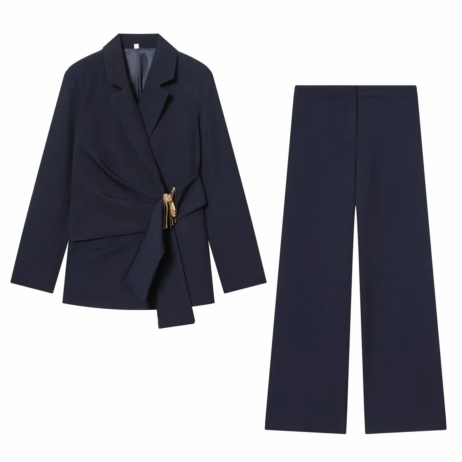 Women Suit Pants Two-Piece Set Buckle Decoration Long Sleeve Blazer Coat + Straight-Leg Pants 2 Pieces Sets Chic Woman Outfits
