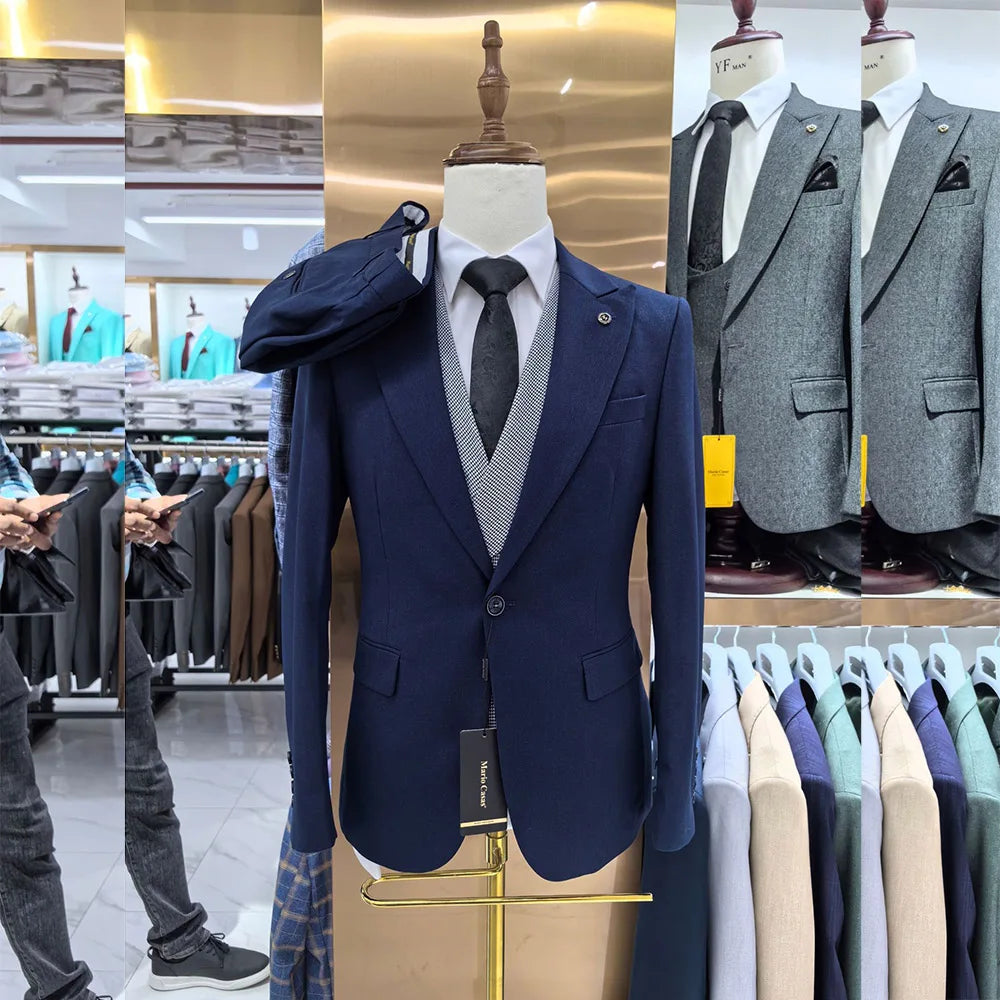 2025 Luxury Men's Suits High Quality 3 Piece Jacket Pants Vest Male Clothing Peak Lapel One Button Outfits Costume Homme Blazer