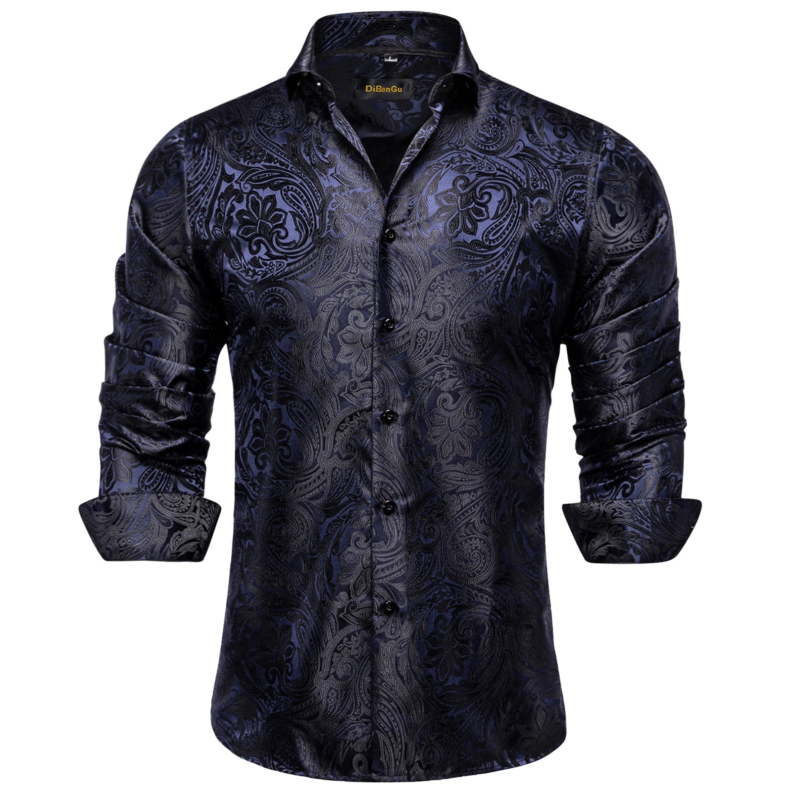 Luxury Men Dress Shirt Formal Prom Tuxedo Long Sleeve Polyester Golden Color Paisley Black Shirts Blouse Men Clothing