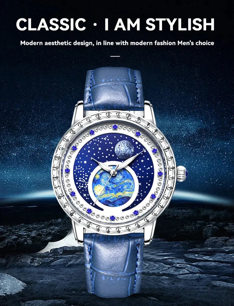 Luxury men's quartz watch, waterproof luminous oil painting starry sky dial, multifunctional watch
