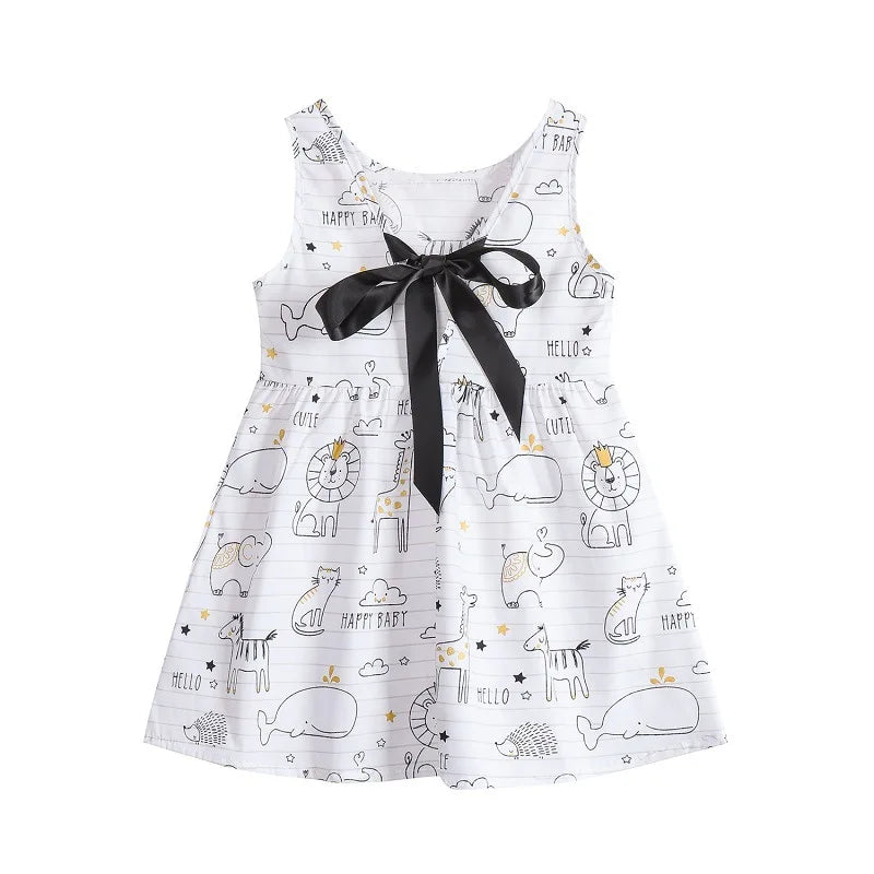 2025 Summer Girls Print Binding Rope Dress For 1-6Years Kids Cotton Sleeveless Sundress Baby Beach Above Knee Mini Casual Dress