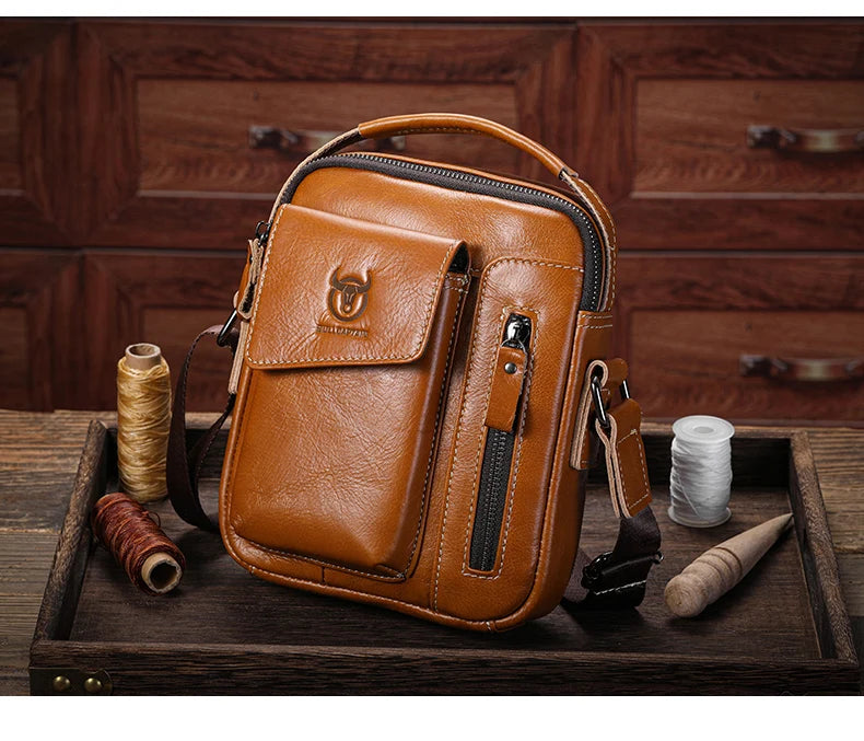 BULLCAPTAIN Casual Fashion Men's Messenger Bag's Business Portable Handbag Man Leather Shoulder Bag Mobile 6.5'' Phone Bags