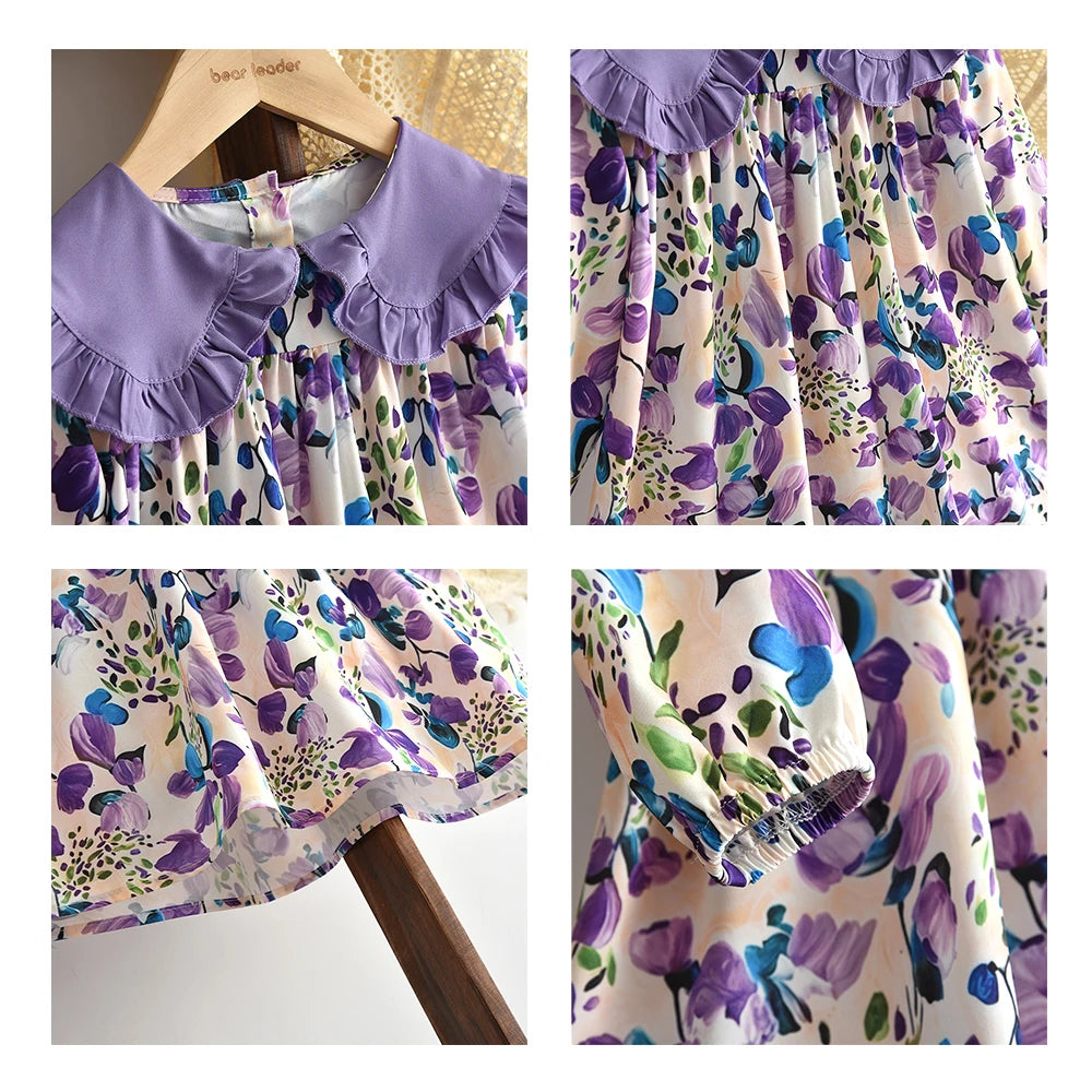 Bear Leader Autumn Spring New Girls' Dress Fashion Cute Doll Neck Flower Print Dress Children's Girls Long Sleeve Princess Dress