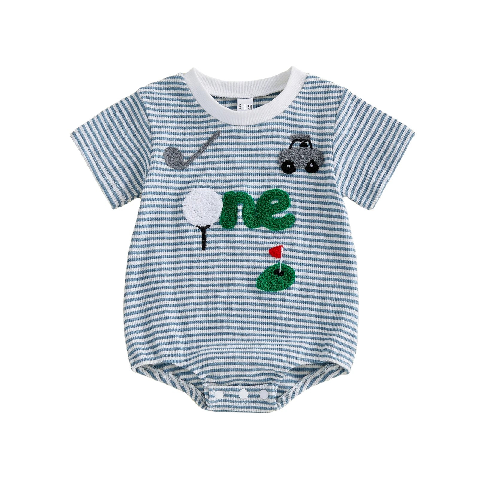 Adorable Baby Boy Romper with Fun Golf Embroidery Striped Design and Short Sleeves for a Stylish Summer Look