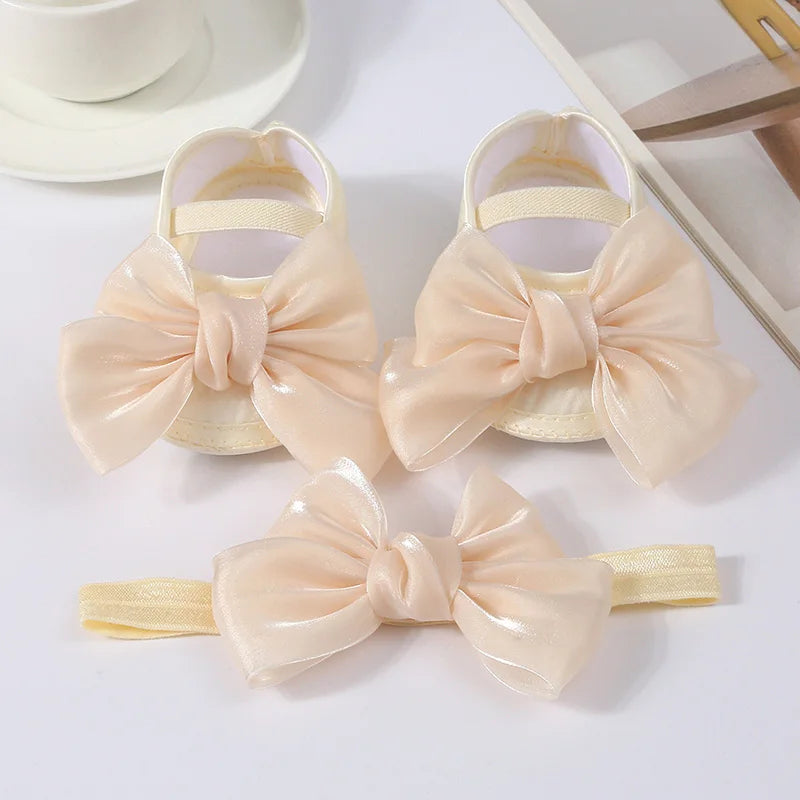 Baby Girls Baptism Shoes and Headband Shiny Bowknot Mary Jane Flats and Hairband Set 0-12M