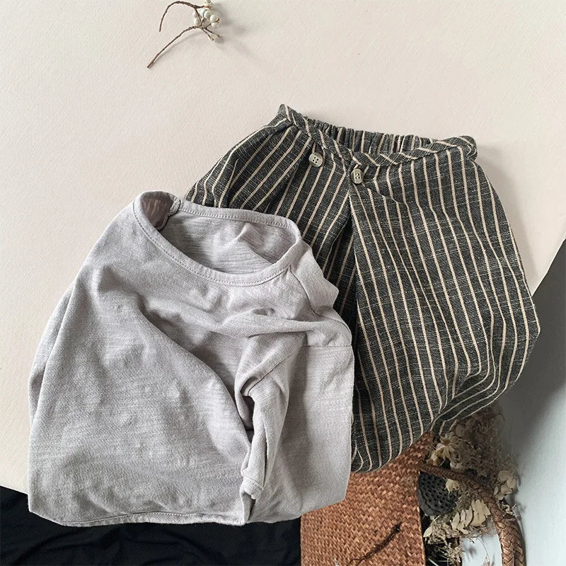 Kids Retro Striped Cotton Linen Pants – Comfortable Loose Fit Summer Trousers