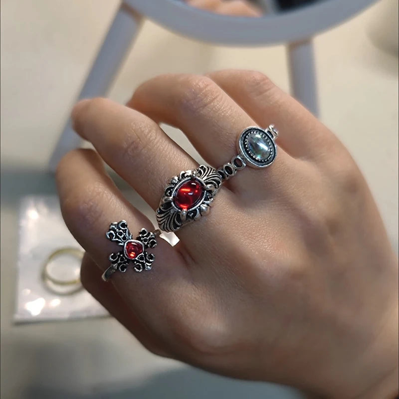 Vintage Gothic Temperament Red Crystal Cross Geometry Aesthetic Open Rings for Women Girl Punk Grunge Jewelry Men Rings