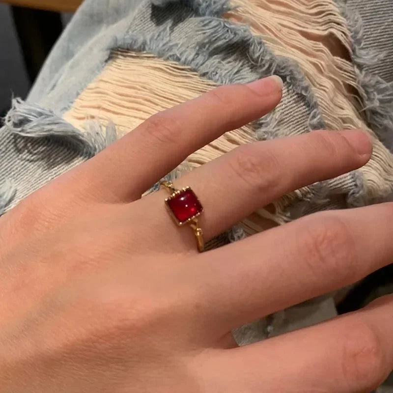 Vintage Gothic Temperament Red Crystal Cross Geometry Aesthetic Open Rings for Women Girl Punk Grunge Jewelry Men Rings