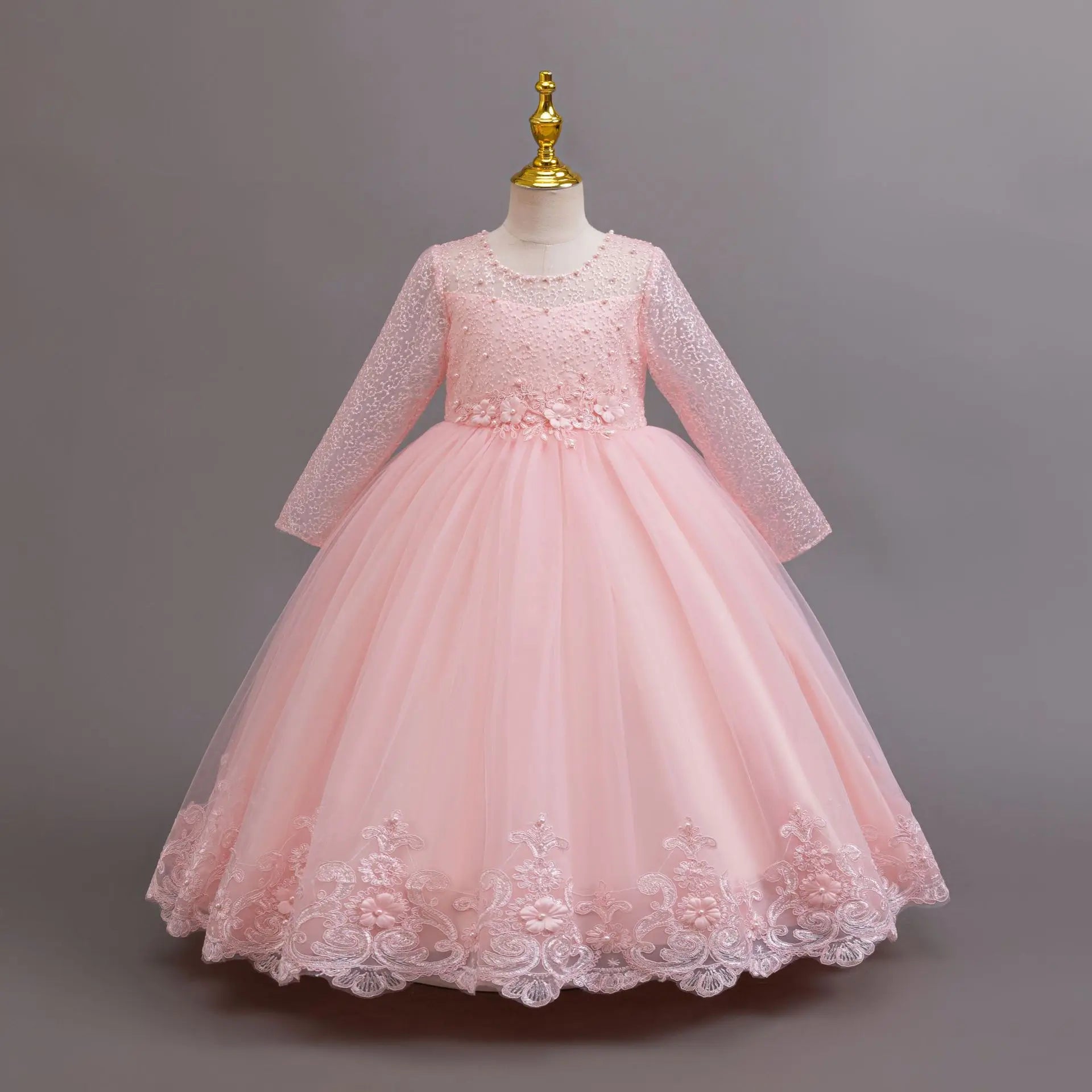 New Long Sleeve Elegant Dress for Young Girls Flower Girl Wedding Dresses Lace Formal White Clothes From 4 to12 Years