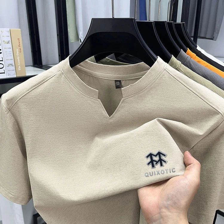 Luxury Man Short-Sleeved T-Shirt V-Neck Pattern Summer New Outdoor Sport T-Shirt Breathe Sleek Versatile Leisure Men's Clothing