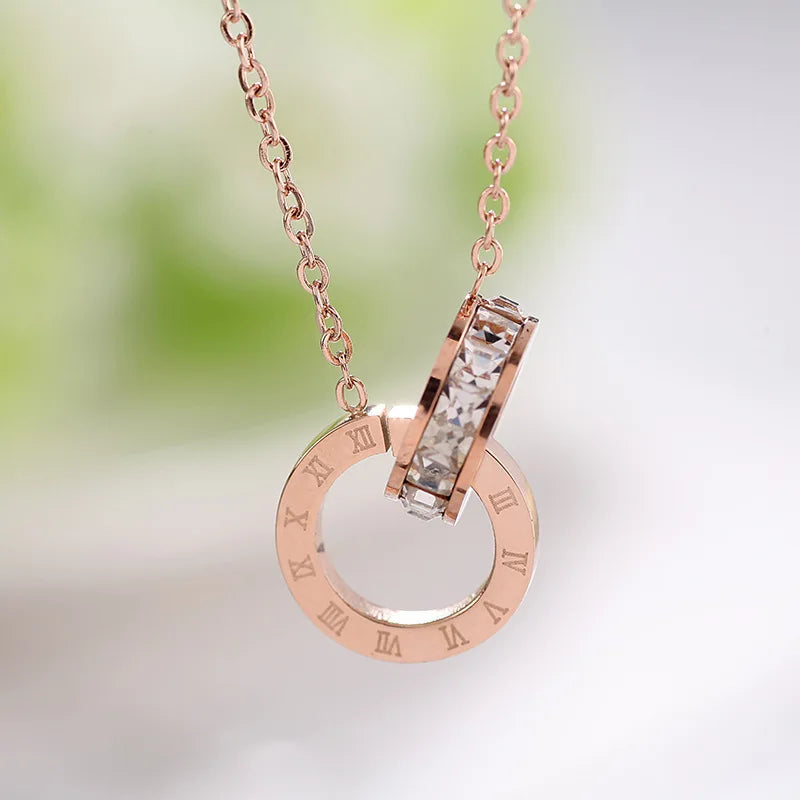 Roman Numeral Double Ring Zircon Inlaid Pendant Necklace For Women Men Personalized Silver Color Gold Color Metal Party Jewelry