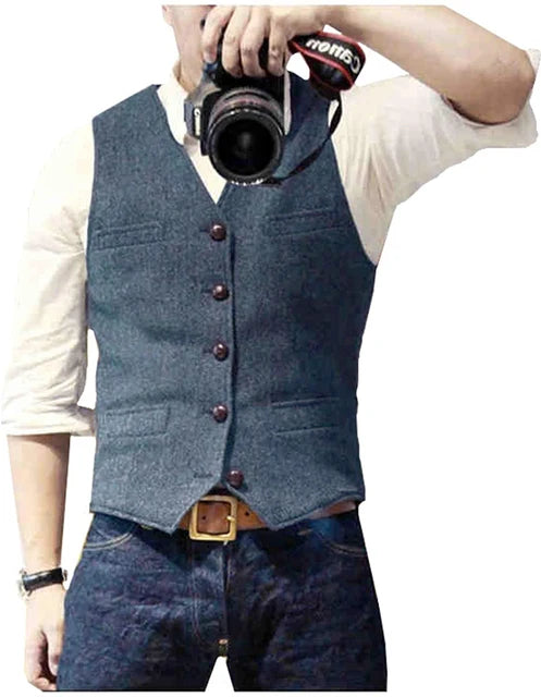 V Neck Men's Suits Vest Casual Classic Formal Business Herringbone Tweed Slim Fit Waistcoat For Wedding Groomsmen