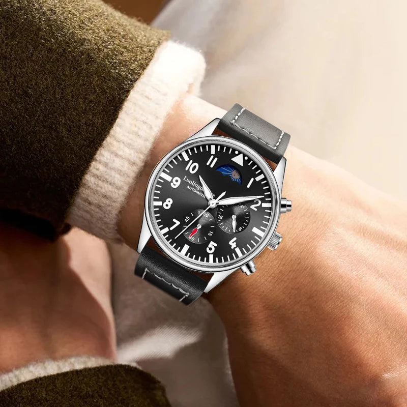 Luxury High-End Watch Series, Business Casual Men's Mechanical Watch, Automatic Winding, Round Dial, Multi-Function Display, Leather Strap, European and American Style, High Aesthetic Value, Light Luxury, Fashionable and Vers