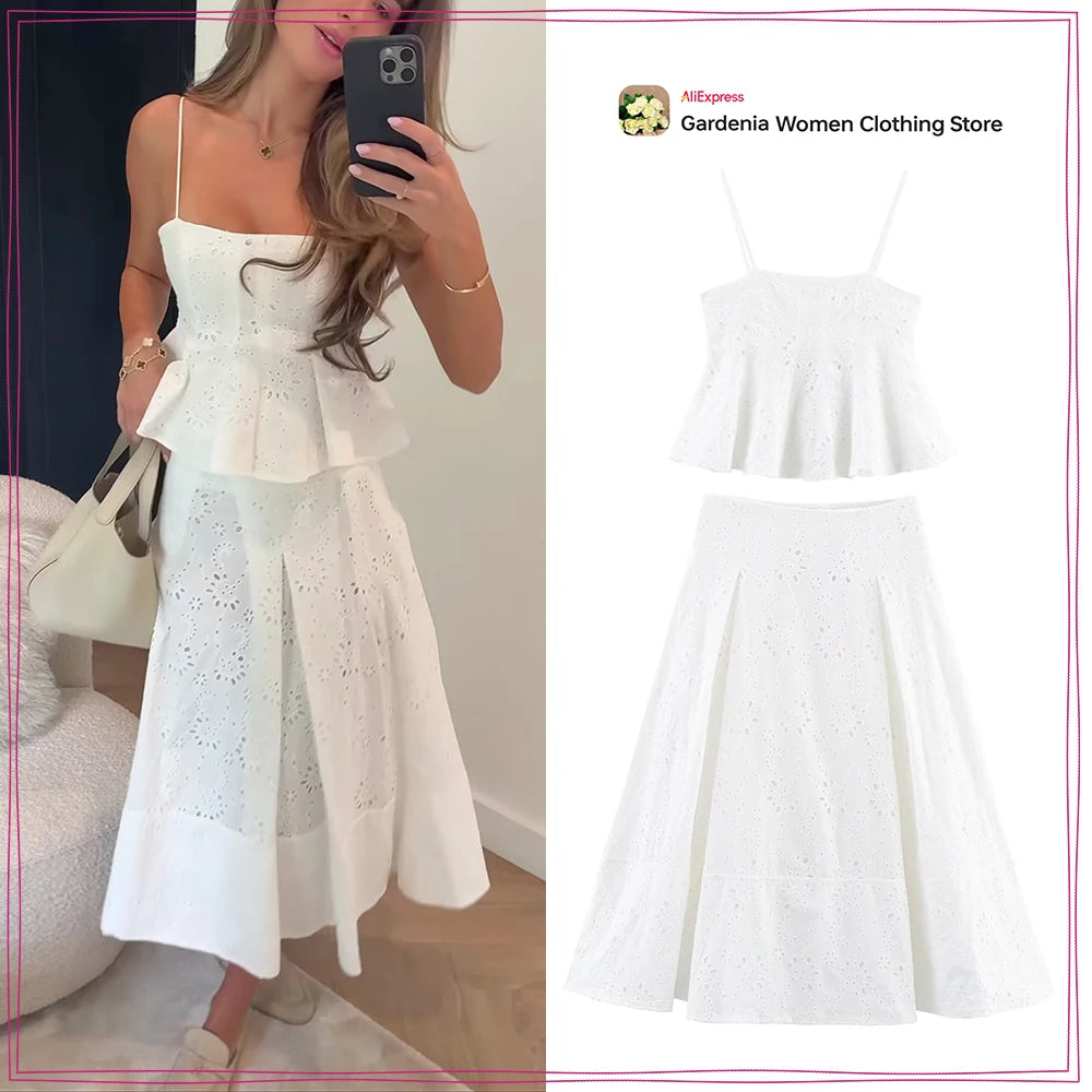 Women Summer Vacation Co Ord Outfits Elegant White Embroidered 2 Piece Set Cropped Top with Thin Straps Matching Cape Midi Skirt