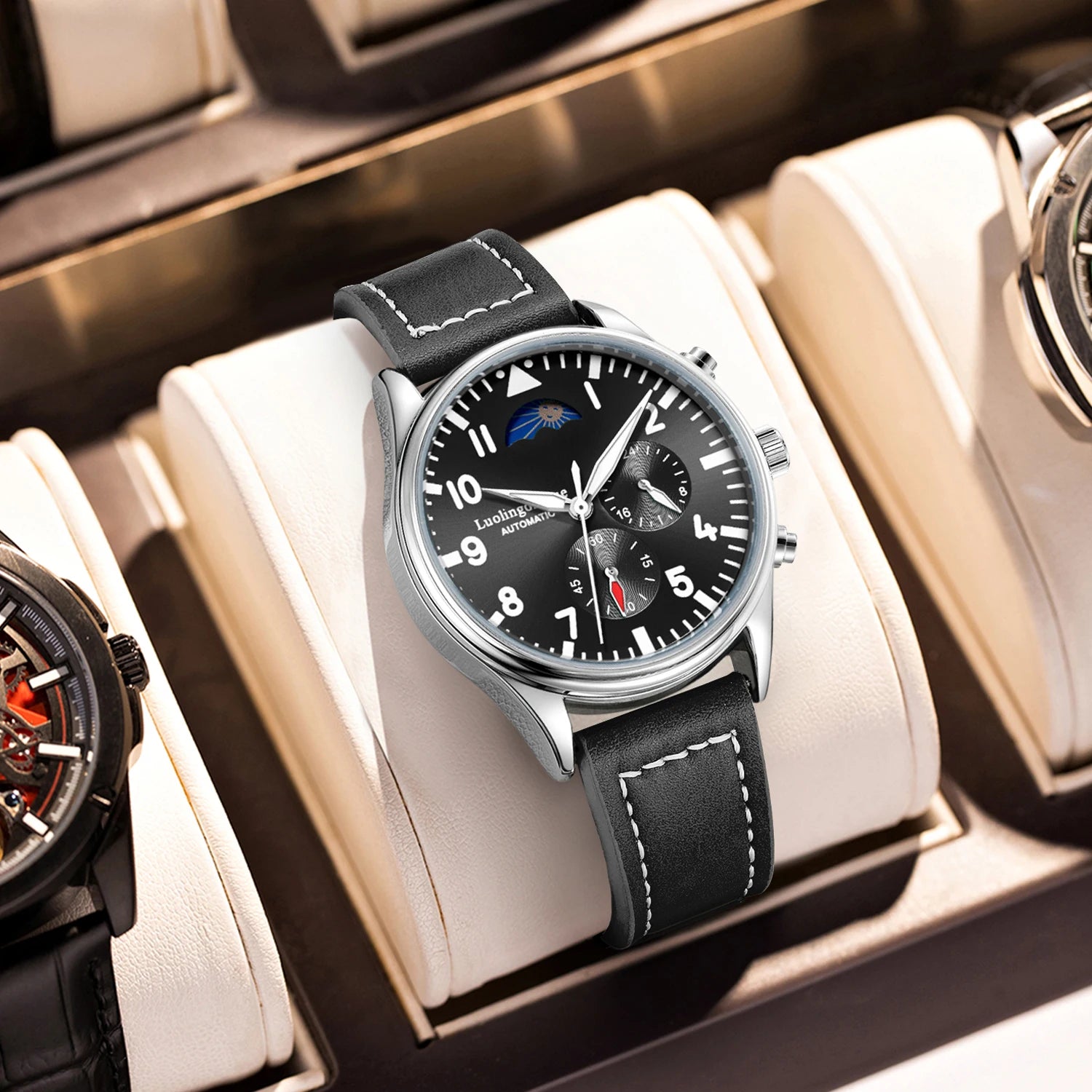 Luxury High-End Watch Series, Business Casual Men's Mechanical Watch, Automatic Winding, Round Dial, Multi-Function Display, Leather Strap, European and American Style, High Aesthetic Value, Light Luxury, Fashionable and Vers