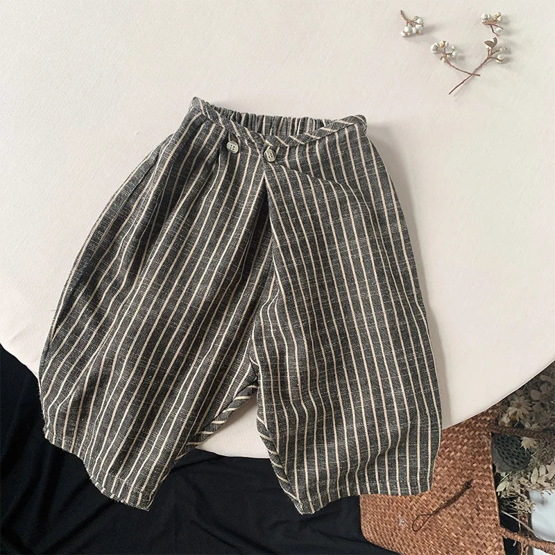 Kids Retro Striped Cotton Linen Pants – Comfortable Loose Fit Summer Trousers