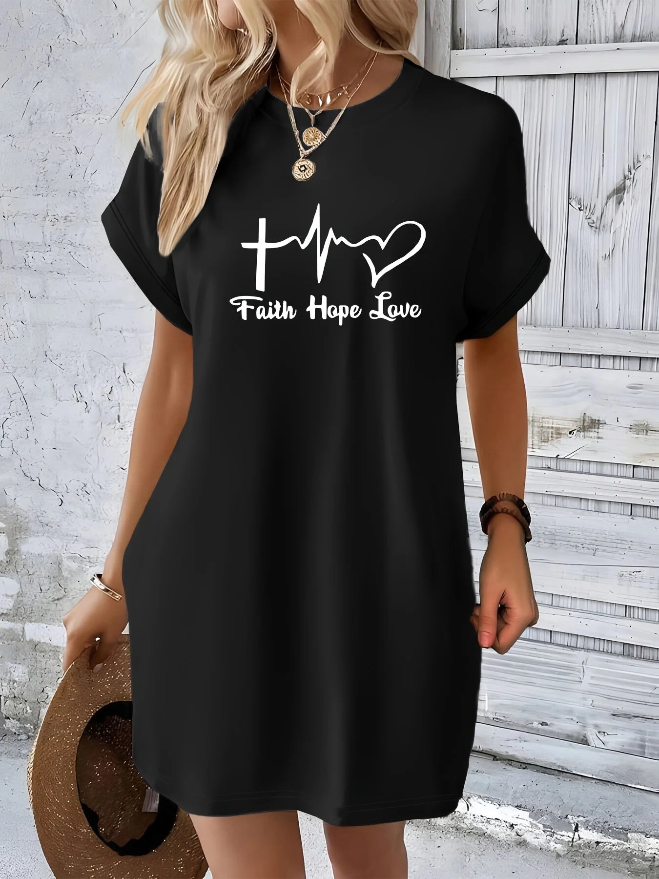 Women's Casual Faith hope love print Graphic TShirt Dress  Short Sleeve Round Neck Loose Fit SpringSummer