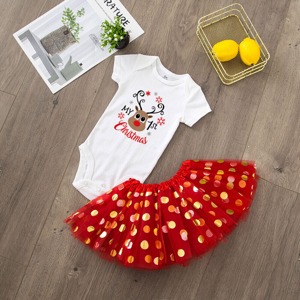 My 1st Christmas Print Baby Girls Cake Smash Dresses Outfits Newborn Xmas Party Tutu + Bodysuit Dress Set Infant Baptism Clothes