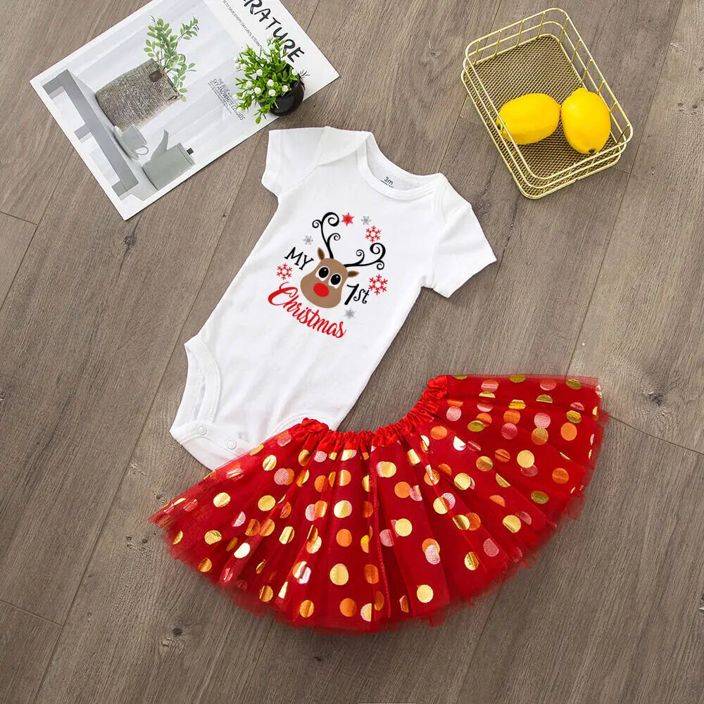 My 1st Christmas Print Baby Girls Cake Smash Dresses Outfits Newborn Xmas Party Tutu + Bodysuit Dress Set Infant Baptism Clothes