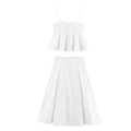 Women Summer Vacation Co Ord Outfits Elegant White Embroidered 2 Piece Set Cropped Top with Thin Straps Matching Cape Midi Skirt