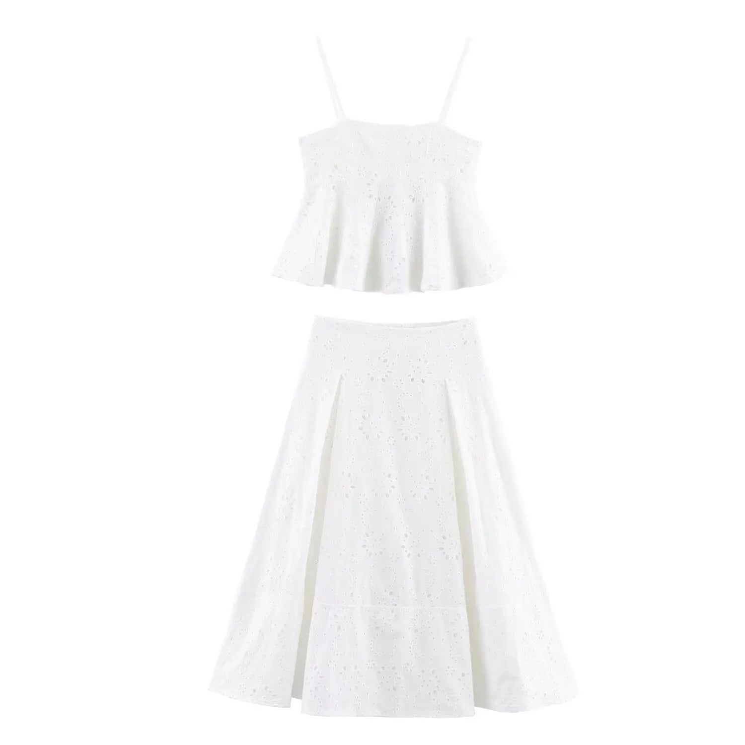 Women Summer Vacation Co Ord Outfits Elegant White Embroidered 2 Piece Set Cropped Top with Thin Straps Matching Cape Midi Skirt