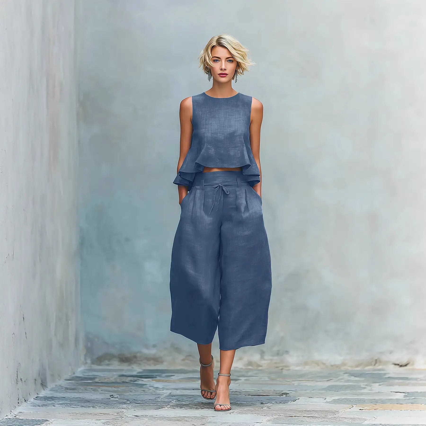 Summer Vacation Outfits Woman 2026 Elegant O Neck Sleeveless Tank Top And Wide Leg Trousers Suit Casual 2 piece Loose Sets