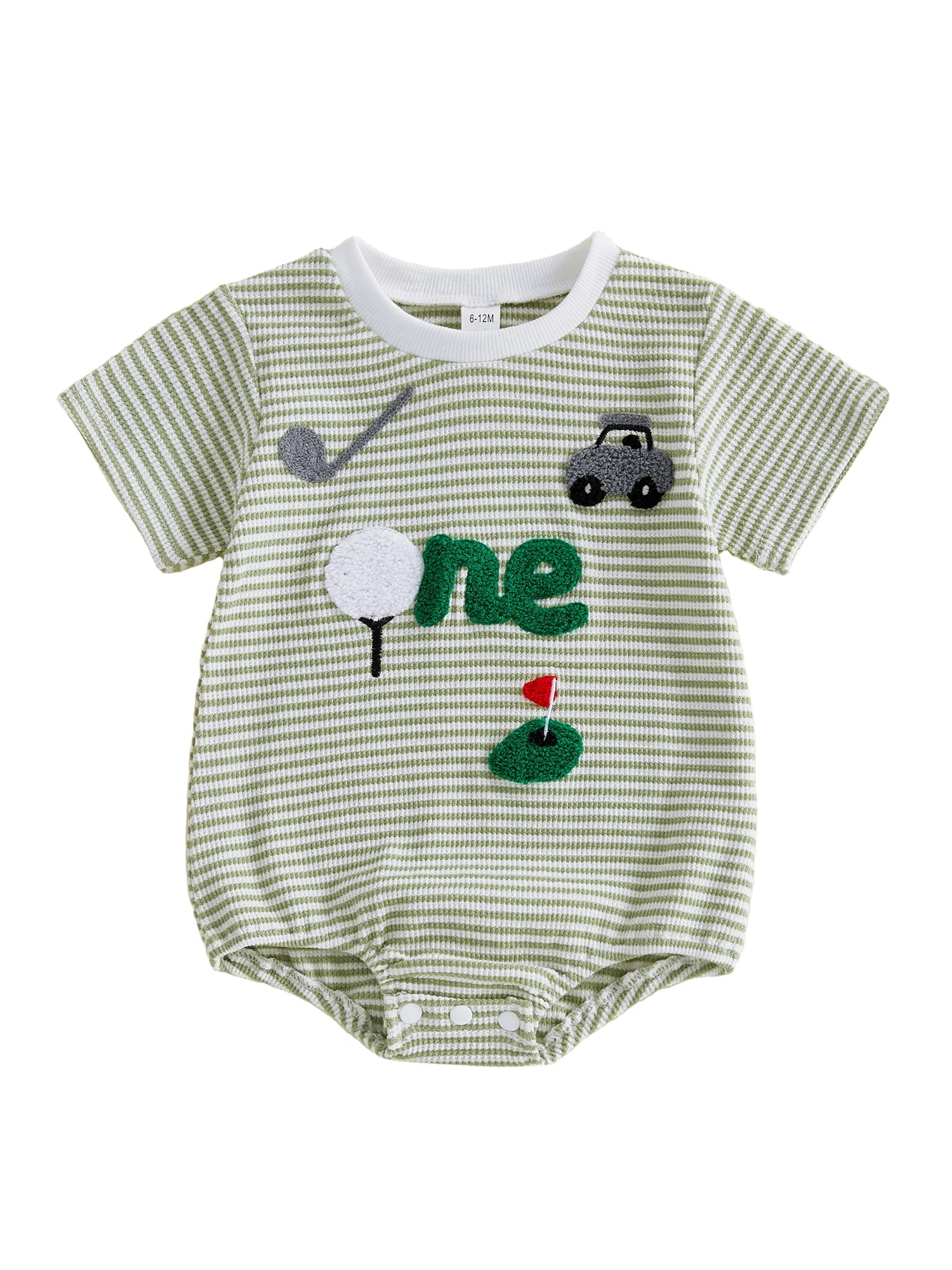 Adorable Baby Boy Romper with Fun Golf Embroidery Striped Design and Short Sleeves for a Stylish Summer Look