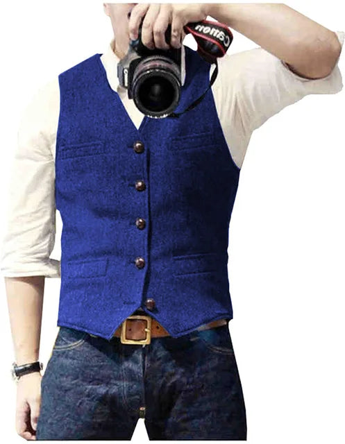 V Neck Men's Suits Vest Casual Classic Formal Business Herringbone Tweed Slim Fit Waistcoat For Wedding Groomsmen