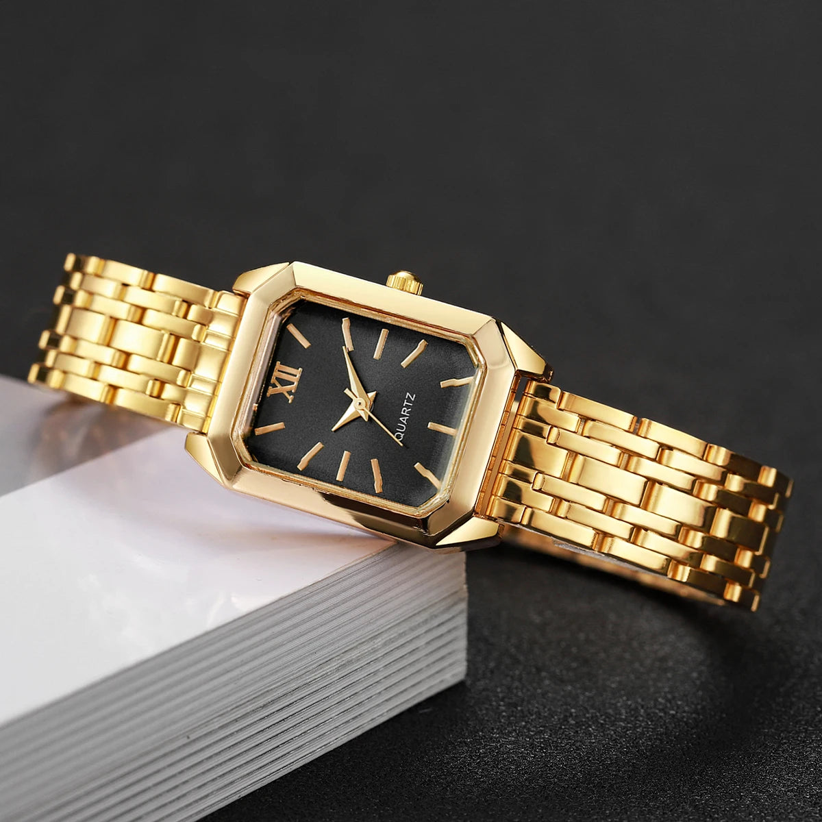 2/5 pçs Light luxury steel strip women's watch student fashion simple square quartz watch set