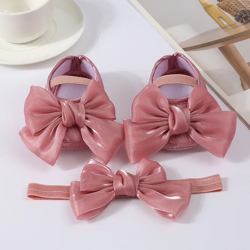 Baby Girls Baptism Shoes and Headband Shiny Bowknot Mary Jane Flats and Hairband Set 0-12M