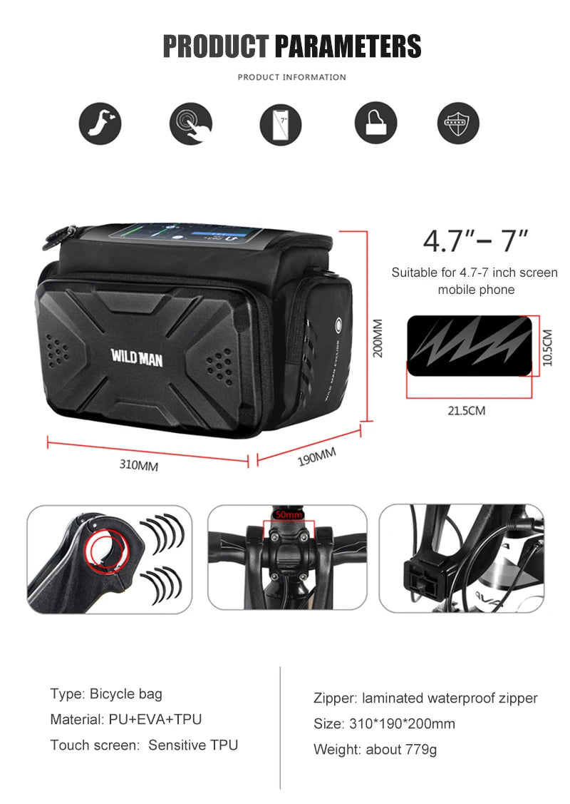 WILD MAN EVA Hard Shell Bicycle Handlebar Bag Touch Screen Phone Holder Electric Scooter Front Bag Crossbody Camera Pouch