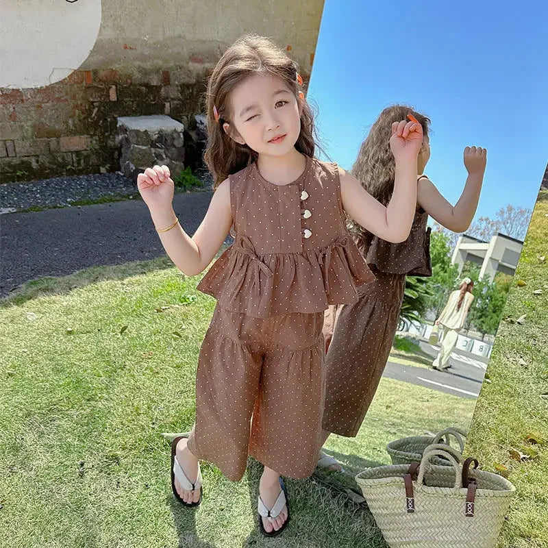 Baby Girl's Casual Clothing Summer Sleeveless Polka Dot Top+Wide Leg Pants Set with Bow and Botton 2PCS Set Childrens Clothing