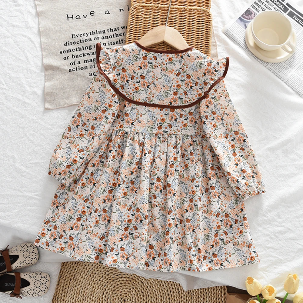 Bear Leader Autumn Spring New Girls' Dress Fashion Cute Doll Neck Flower Print Dress Children's Girls Long Sleeve Princess Dress