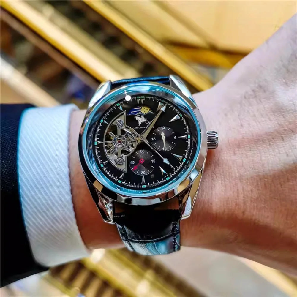 Luxury Men's Automatic Mechanical Watch, Mechanical Movement, Limited Edition, Roman Numeral Dial, Leather Strap, Skeleton Design, Waterproof, Luminous Calendar, Business Casual Style, Men's Watch, High-End Gentleman's Formal
