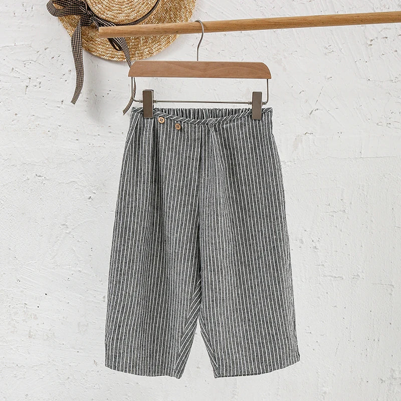 Kids Retro Striped Cotton Linen Pants – Comfortable Loose Fit Summer Trousers