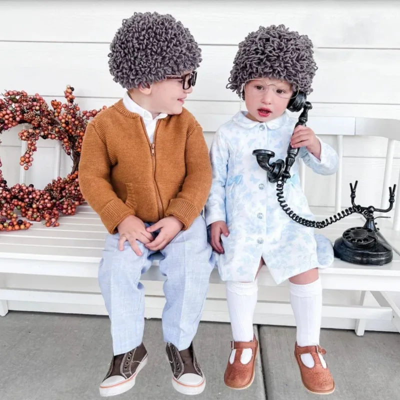 Kids Boy Girl Hat Cute Old Lady Woman Curly Hair Wig Cap Skullies Beanies Winter Knitted Children Baby Hats and Caps Accessories