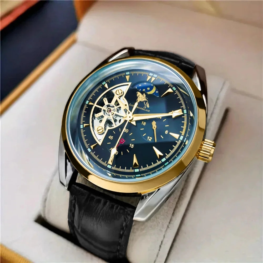 Luxury Men's Automatic Mechanical Watch, Mechanical Movement, Limited Edition, Roman Numeral Dial, Leather Strap, Skeleton Design, Waterproof, Luminous Calendar, Business Casual Style, Men's Watch, High-End Gentleman's Formal