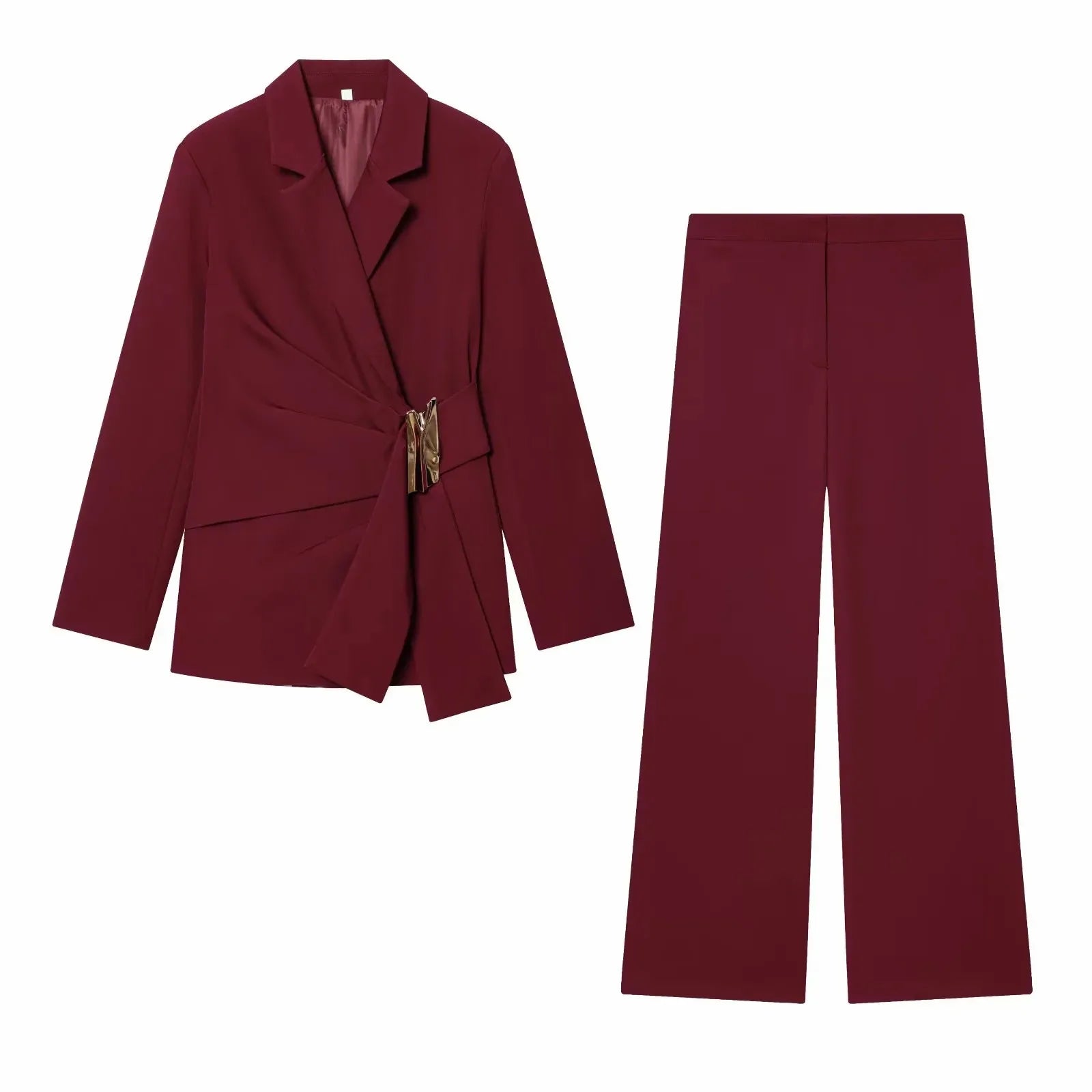Women Suit Pants Two-Piece Set Buckle Decoration Long Sleeve Blazer Coat + Straight-Leg Pants 2 Pieces Sets Chic Woman Outfits