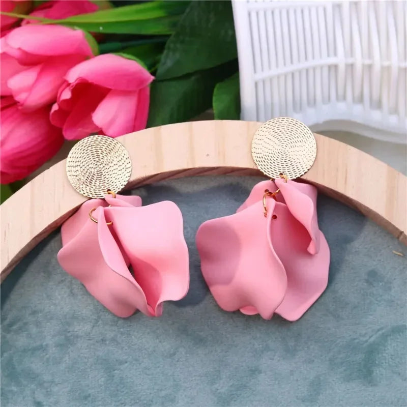 Neon Fuchsia Plastic Petal Drop Earrings Women Colorful Petal Gold Color Disc Drop Earrings Green Pink Carol Color Girl Earring