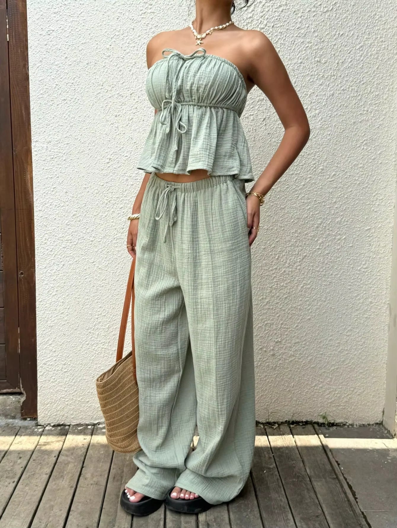2 piece sets woman outfits，New women's casual two-piece lace up top and pants