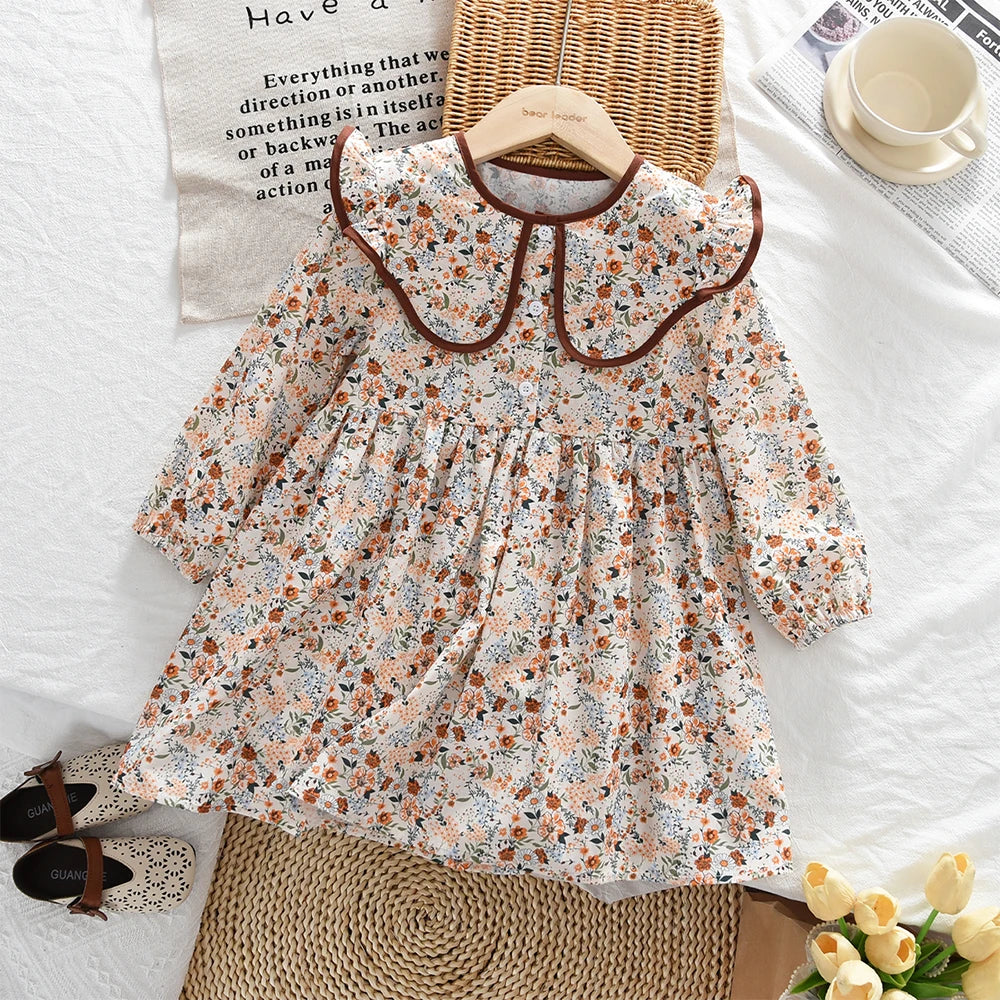 Bear Leader Autumn Spring New Girls' Dress Fashion Cute Doll Neck Flower Print Dress Children's Girls Long Sleeve Princess Dress