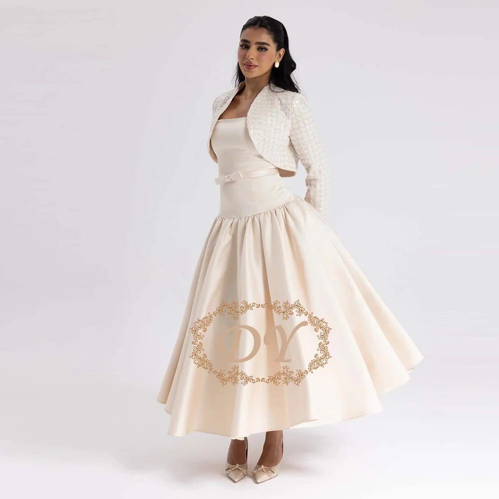 DY Arab Evening Dress Customized with Jacket Long Sleeves 2-piece Elegant Eid Al Fitr Evening Dress Strapless A Line Prom Gown
