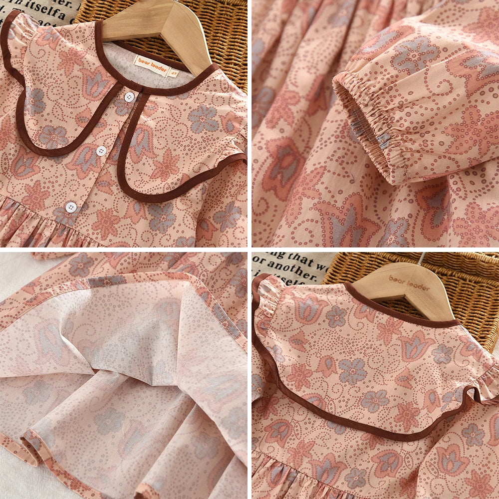 Bear Leader Autumn Spring New Girls' Dress Fashion Cute Doll Neck Flower Print Dress Children's Girls Long Sleeve Princess Dress